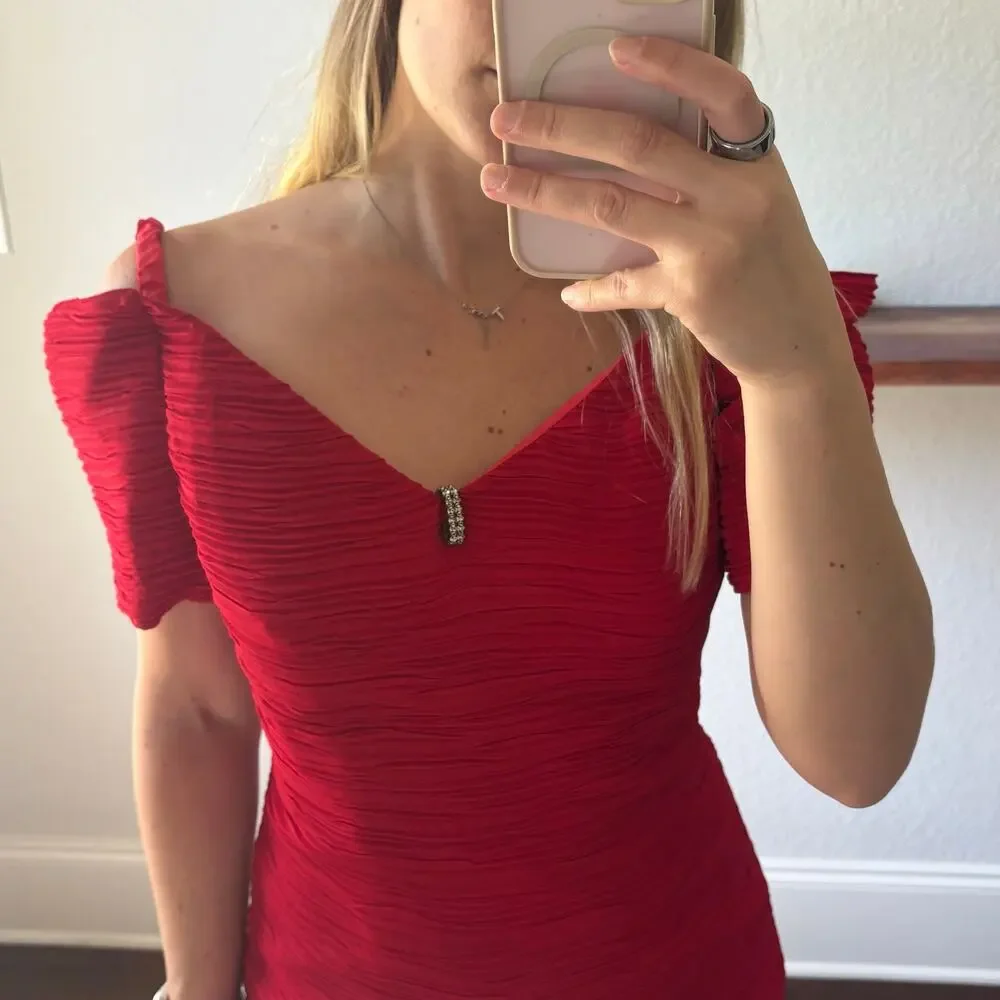 Vintage Bari Jay 80s 90s Red Crinkle Pleated Off Shoulder Prom Midi Dress 5/6